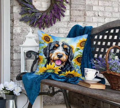 Bernedoodle in Sunflowers Throw Pillow