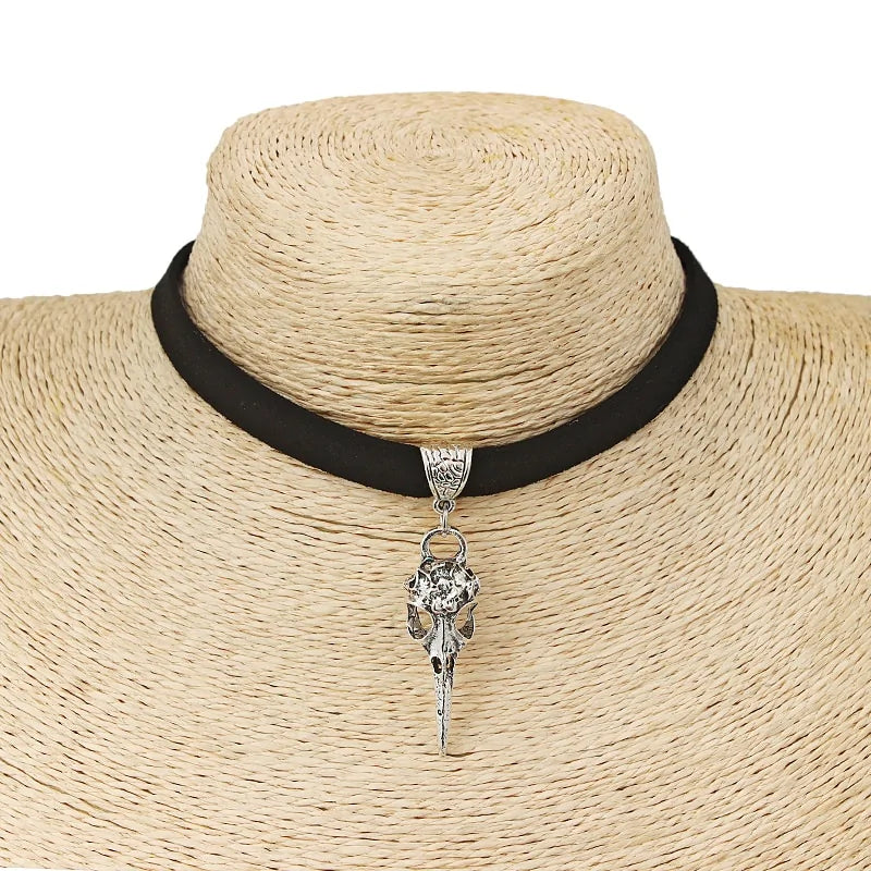 Raven Skull Bird Charm Choker Necklace