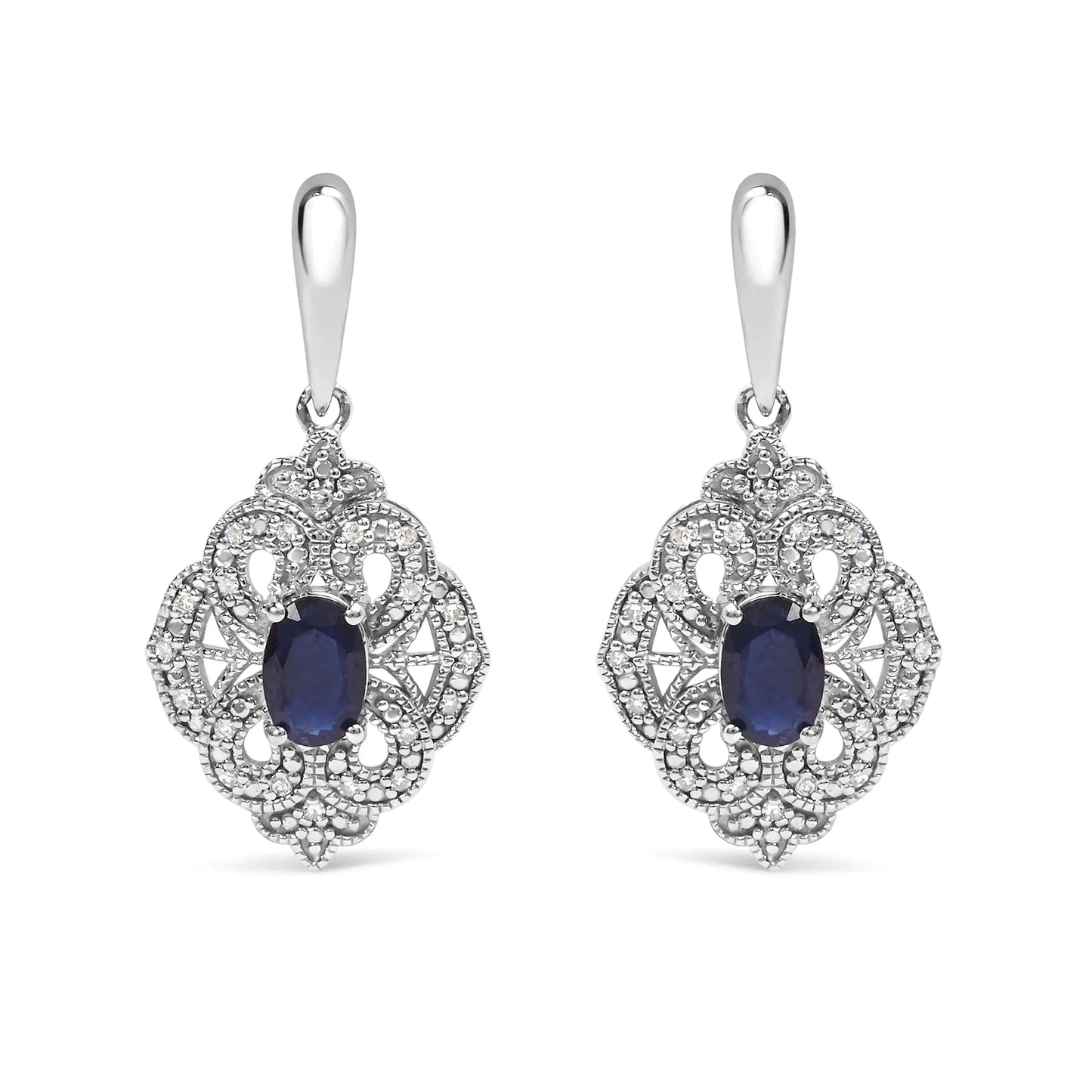 .925 Sterling Silver 6x4 MM Oval Blue Sapphire and White Diamond Accent Art Deco Style Shield Dangle Earring (I-J Color, I3 Clarity)