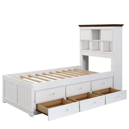 Solid Pine Captain Bookcase Bed With Trundle Bed And 3 Spacious Under Bed Drawers In Casual,Twin, White Walnut