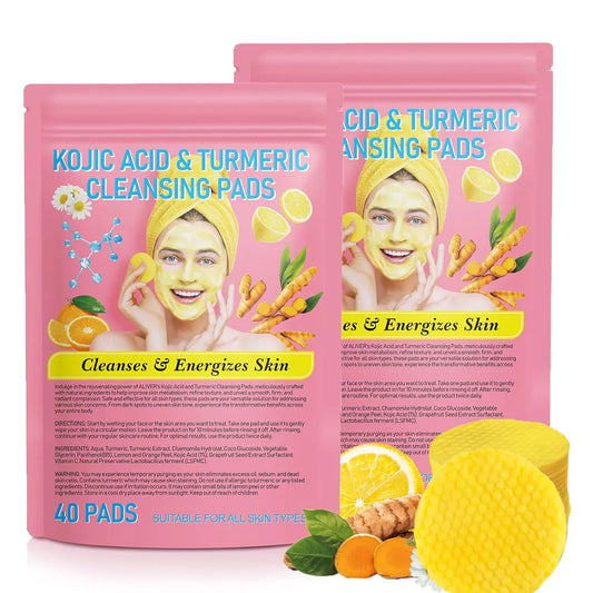 Turmeric Face Scrub Pads, 80pcs Turmeric Kojic Acid Cleansing Pads with Vitamin B5, Vitamin C Turmeric, Face Pads, Sugar Turmeric Cleansing Pads for Face 40 Count (Pack of 2)