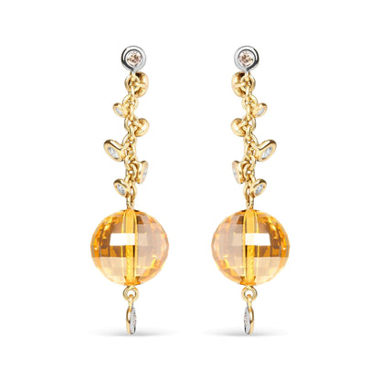 18K Yellow Gold 2/3 Cttw Round Bezel Diamond and 25mm Ball Shaped Yellow Citrine Gemstone Dangle Stud Earring (Brown and G-H Color, SI1-SI2 Clarity)