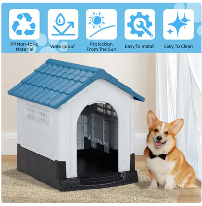 26-Inch Blue & White PVC Pet Cottage with Shutter Design