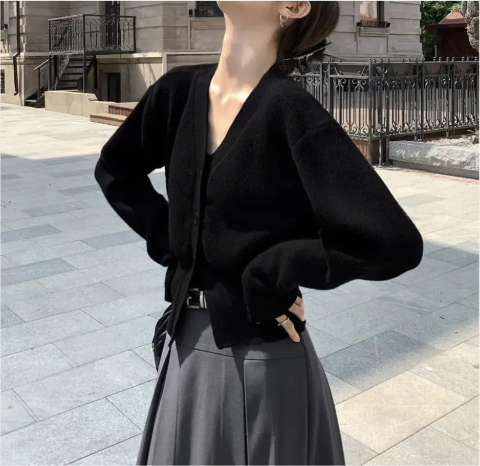 Black Sweater Cardigan Women's Outer Wear Waist-controlled Top Coat