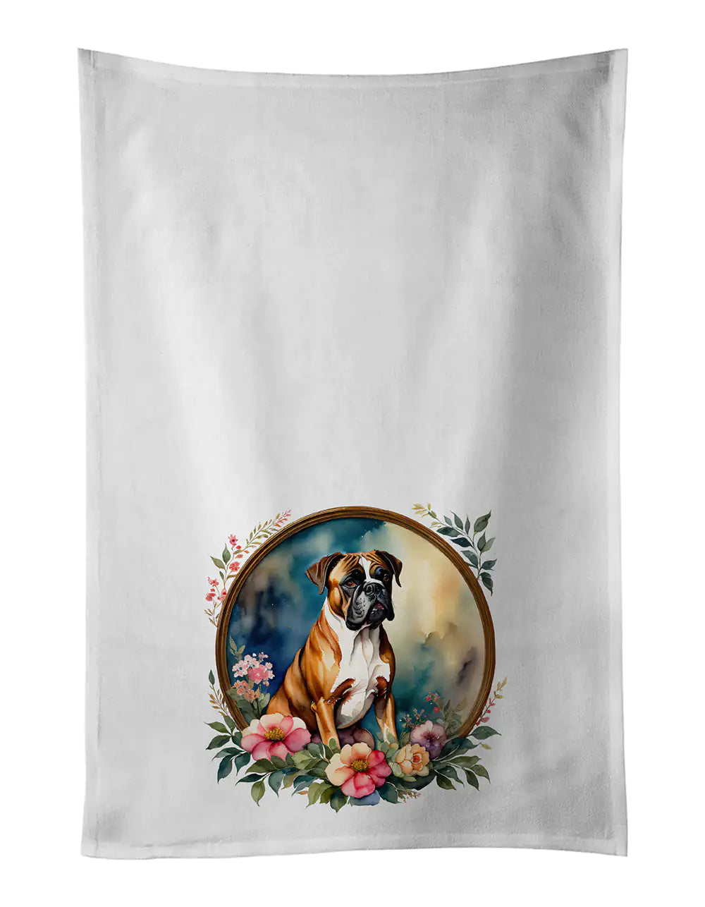 Boxer and Flowers Kitchen Towel Set of 2