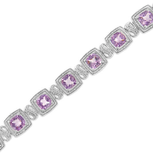 .925 Sterling Silver 7x7 mm Cushion Cut Purple Amethyst and 1/10 cttw Round Cut Diamond Square Shape Tennis Bracelet (I-J Color, I1-I2 Clarity) - 7"